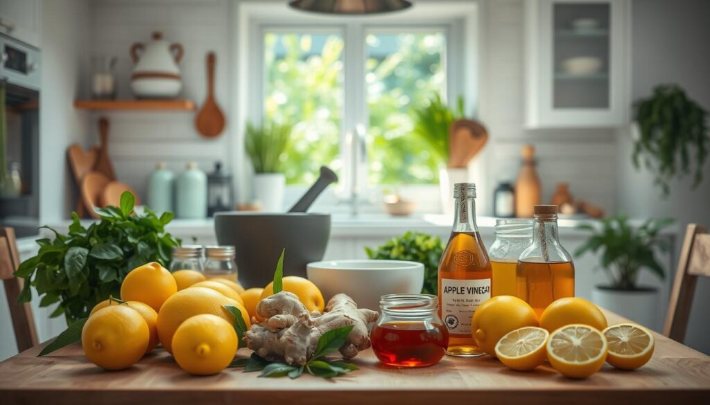 A bright, airy kitchen setting with a central table showcasing an assortment of common household ingredients. In the foreground, various food items like lemons, ginger, honey, and apple cider vinegar are arranged in a visually appealing manner, highlighting their versatility as natural remedies. The middle ground features a mortar and pestle, jars, and other kitchen utensils, suggesting the preparation of homemade cures. The background depicts lush greenery, perhaps herbs or plants, creating a sense of organic wellness. The lighting is soft and natural, casting a warm, inviting glow over the scene. The overall atmosphere conveys a soothing, homely vibe, emphasizing the accessibility and efficacy of these kitchen-based treatments.