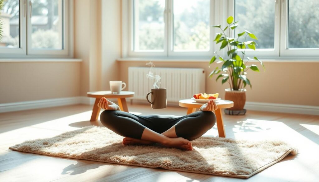 A bright, airy room with large windows allowing natural light to stream in. In the foreground, a person sitting cross-legged on a plush yoga mat, eyes closed in meditation, hands resting gently on their knees. Behind them, a small wooden table holds a steaming mug of herbal tea and a plate of fresh fruit. The walls are adorned with soothing, earthy tones, and a leafy houseplant stands in the corner, adding a touch of greenery. The overall atmosphere is calming and rejuvenating, capturing the essence of a peaceful morning wellness routine.