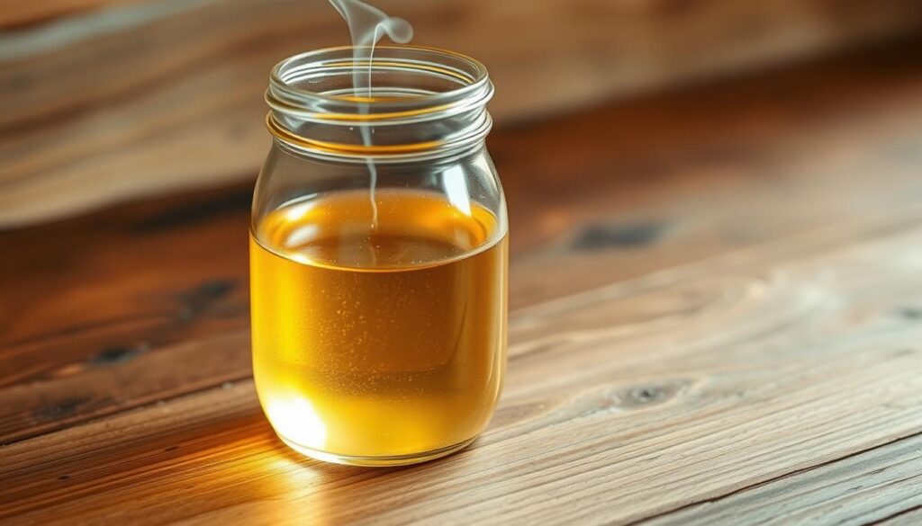 A clear glass jar filled with translucent, golden-hued coconut oil, its surface glistening under soft, warm lighting. The jar is placed on a wooden table, its natural grain and texture creating a rustic, earthy backdrop. Delicate steam wisps rise from the jar, hinting at the oil's versatility and potential uses. The overall scene conveys a sense of simplicity, purity, and the healing power of this natural, multi-purpose ingredient.
