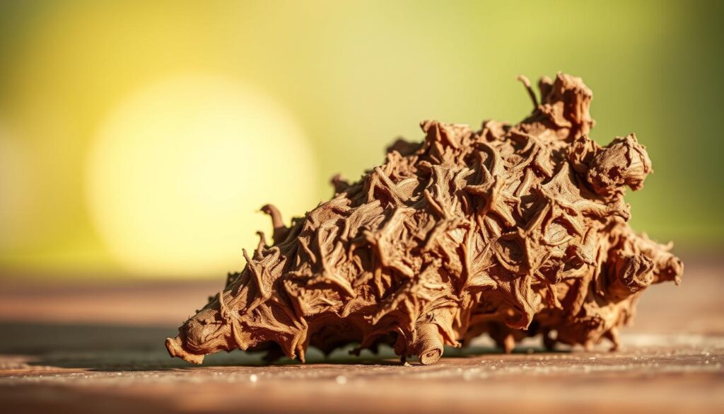 A close-up of a fresh, organic valerian root against a soft, blurred background. The root is centered in the frame, its earthy brown hue and intricate texture clearly visible. The lighting is warm and natural, creating gentle shadows that accentuate the root's form. The composition is balanced, with the root occupying the foreground and the background fading into a soothing, muted palette of greens and browns, suggesting a serene, relaxing environment. The overall mood is calming and inviting, reflecting the root's use as a natural sleep aid.