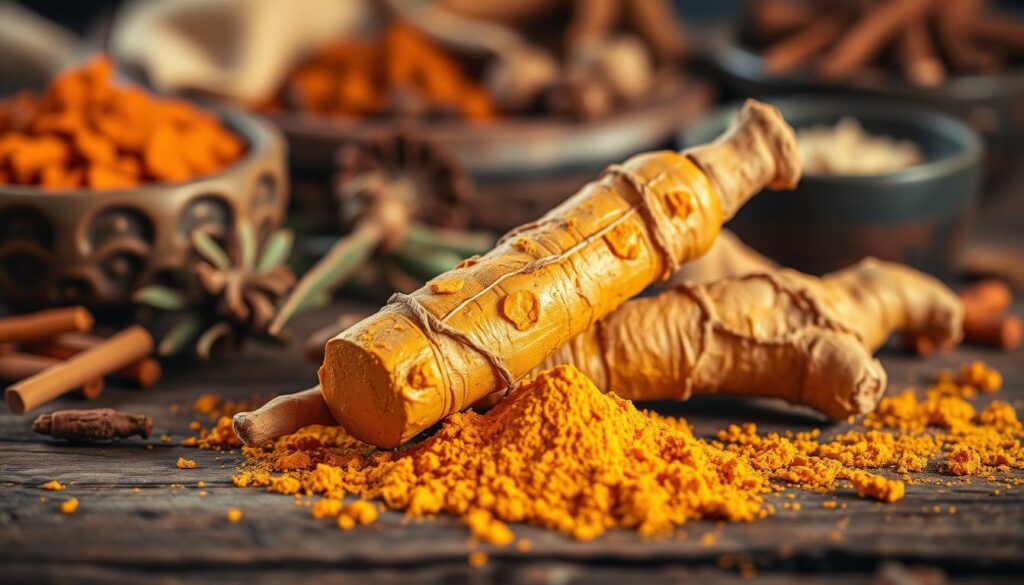A close-up of fresh turmeric rhizomes with vibrant orange hues, resting on a rustic wooden surface. The turmeric is surrounded by a scattering of whole and ground turmeric powder, conveying its versatility and health benefits. The lighting is warm and natural, casting gentle shadows that accentuate the textural details of the spice. In the background, a blurred array of traditional Ayurvedic herbs and spices suggests the ancient origins of this powerful pain-relieving compound. The overall mood is one of timeless herbal wisdom and the restorative power of nature.