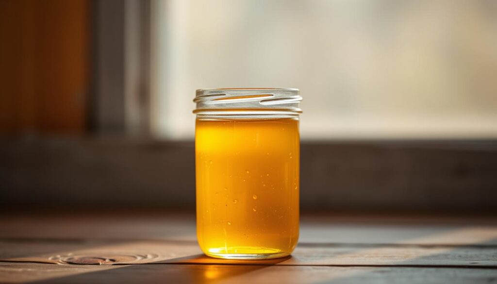 A close-up shot of a glass jar filled with golden, viscous honey, set against a soft, out-of-focus background. The jar is positioned on a rustic wooden surface, illuminated by warm, natural lighting that casts a gentle glow on the honey's surface. The image conveys a sense of purity, wellness, and the soothing, restorative properties of this natural remedy for respiratory issues. The composition highlights the honey's rich, textured appearance, inviting the viewer to experience its therapeutic benefits.