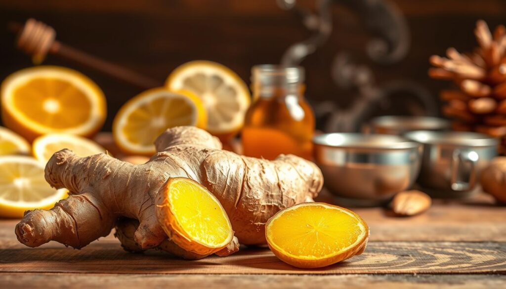 A colorful and vibrant still life composition showcasing the health benefits of ginger. In the foreground, a fresh ginger root with its distinctive knobby texture and golden-brown skin sits atop a wooden surface, partially sliced to reveal the bright yellow flesh within. Behind it, an assortment of ginger-infused ingredients such as honey, lemon slices, and steaming cups of ginger tea create a cozy, inviting atmosphere. The middle ground features a glass bottle or jar of ginger essential oil, emphasizing its versatility as a natural remedy. The background is softly blurred, allowing the main elements to take center stage under warm, natural lighting that casts gentle shadows and highlights the richness of the colors. The overall scene conveys the soothing, warming, and digestive health benefits of this ancient superfood.