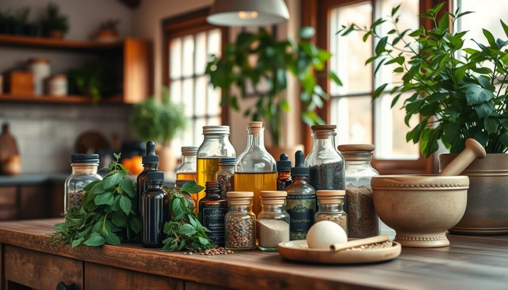 A cozy kitchen counter showcasing an assortment of natural remedies - fresh herbs, essential oils, and various spices in rustic glass jars. Warm, diffused lighting from a large window bathes the scene in a soft, inviting glow. The counter is made of weathered wood, complemented by a vintage ceramic mortar and pestle. In the background, lush green potted plants add a sense of vitality and balance. The overall atmosphere conveys a soothing, homespun feel, highlighting the simplicity and efficacy of time-honored home remedies.