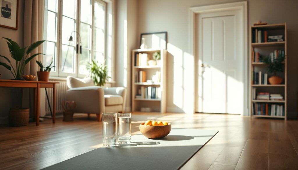 A cozy, sunlit home interior with a serene wellness space in the foreground. Soft natural lighting filters through large windows, casting a warm glow on a minimalist yoga mat and a small table with a glass of water, a potted plant, and a wooden bowl of fresh fruit. In the middle ground, a plush armchair and a bookshelf filled with wellness-themed titles. The background features muted pastel walls, adding to the calming atmosphere. The overall scene conveys a sense of balance, mindfulness, and a well-rounded daily wellness routine.