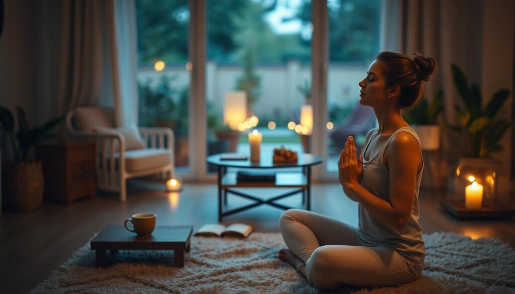 A cozy, well-lit room in the evening. In the foreground, a woman sitting cross-legged on a plush rug, eyes closed, palms resting on her knees as she practices deep breathing. Behind her, a low table with a cup of herbal tea, a scented candle, and a journal. In the background, a large window overlooking a peaceful, dimly lit garden. Soft, warm lighting casts a soothing glow throughout the space, creating a tranquil, calming atmosphere for an evening wellness routine.