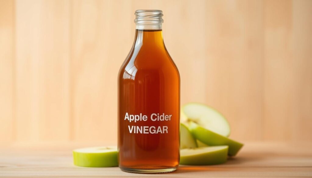 A glass bottle filled with amber-colored apple cider vinegar, set against a light-colored wooden background. The bottle is positioned in the foreground, with a clean, minimalist aesthetic. The lighting is warm and natural, casting a gentle glow on the bottle's surface and highlighting the rich hue of the vinegar. In the middle ground, there are a few fresh green apple slices, arranged artfully around the bottle to suggest the connection between the vinegar and its source. The background is blurred, keeping the focus on the bottle and the apple slices. The overall mood is one of simplicity, wellness, and the natural benefits of this versatile household ingredient.