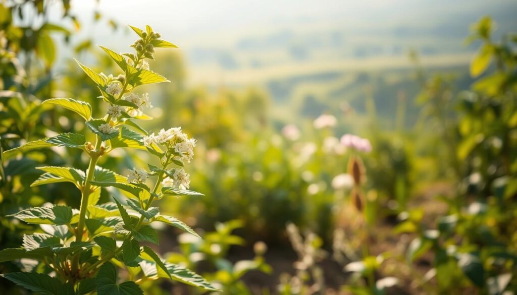 A lush, natural scene featuring a vibrant lemon balm plant in the foreground. The plant's soft, green leaves and delicate white flowers sway gently in a warm, dappled sunlight. In the middle ground, a peaceful garden setting with other calming herbs and greenery. The background is a hazy, out-of-focus landscape, creating a sense of tranquility. The lighting is soft and warm, with gentle shadows that add depth and dimension. The camera angle is slightly elevated, giving a serene, bird's-eye view of the scene. An overall atmosphere of relaxation and stress relief pervades the image.