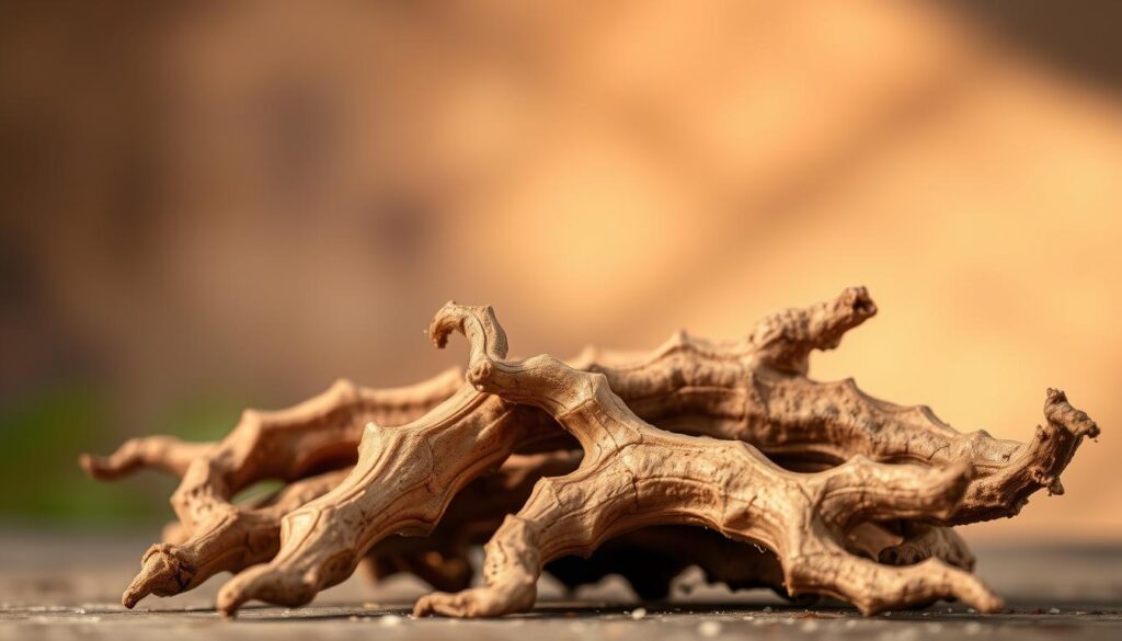 A serene, close-up view of several ashwagandha root segments, their earthy brown hues and twisted, gnarled textures conveying the ancient medicinal power of this adaptogenic herb. The roots are arranged in the foreground against a softly blurred background, illuminated by warm, natural lighting that casts gentle shadows and highlights the plant's organic shapes. The overall mood is one of tranquility, focusing the viewer's attention on the calming, stress-relieving properties of this traditional Ayurvedic remedy.