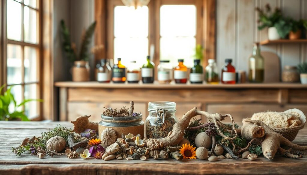 A serene herbal apothecary scene showcasing various natural remedies for anxiety relief. In the foreground, an assortment of dried herbs, roots, and flowers are artfully arranged on a rustic wooden table, their calming colors and textures inviting closer inspection. Behind them, a row of glass jars filled with tinctures and elixirs stands on a weathered wooden shelf, their labels denoting the properties of each herbal ingredient. In the background, a large window floods the space with soft, diffused natural light, casting a warm, soothing glow on the scene. The overall atmosphere is one of tranquility and wellness, capturing the essence of the science-backed healing power of plant-based remedies for anxiety.