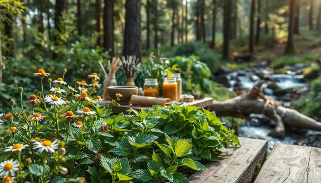 A serene herbal garden bathed in soft, natural light. In the foreground, an assortment of lush, vibrant medicinal plants - chamomile, echinacea, and ginger - growing harmoniously in a well-tended plot. The middle ground features a weathered wooden table adorned with a mortar and pestle, jars of herbal tinctures, and dried herbs. In the background, a tranquil forest landscape with towering trees and a gently flowing stream, creating a calming, restorative atmosphere. The scene exudes a sense of balance, purity, and the healing power of nature.