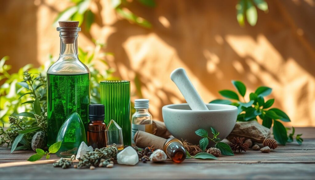 A serene, sun-dappled arrangement of natural remedies against a warm, earthy backdrop. In the foreground, an assortment of herbs, crystals, and essential oils arranged thoughtfully on a wooden surface. The middle ground features a glass bottle filled with a vibrant green tincture, accompanied by a mortar and pestle. In the background, lush greenery and a soft, diffused light create a calming, holistic atmosphere. The overall composition exudes a sense of balance, wellness, and the restorative power of nature.