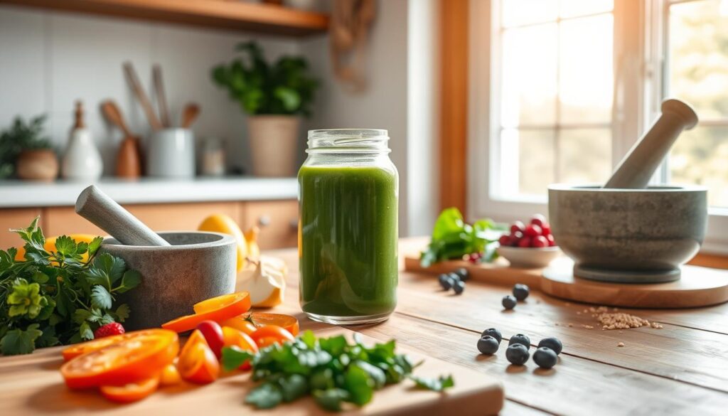 A serene, well-lit kitchen scene with fresh produce, herbs, and a glass jar filled with a vibrant green smoothie or juice. In the foreground, a cutting board with sliced vegetables and a mortar and pestle, suggesting the preparation of a nourishing, detoxifying meal. In the middle ground, a wooden table with a few colorful superfood ingredients, such as berries, leafy greens, and whole grains. The background features a window overlooking a lush, natural landscape, conveying a sense of purity and tranquility. The overall atmosphere is one of wellness, balance, and a holistic approach to cleansing the body through the power of whole, nutrient-dense foods.