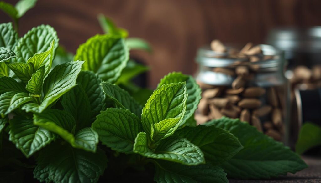 A vibrant close-up of fresh peppermint leaves, their deep green hues and delicate veins captured in exquisite detail under soft, diffused lighting. In the foreground, a few leaves gently curl, revealing their pale undersides and the distinctive peppermint aroma wafting from them. The middle ground showcases a selection of peppermint essential oil capsules and a glass jar filled with dried peppermint tea leaves, complementing the natural elements. The background blurs softly, hinting at the soothing, calming atmosphere that peppermint is known to evoke. This image conveys the cooling, restorative properties of peppermint, a natural remedy for headaches and digestive issues.