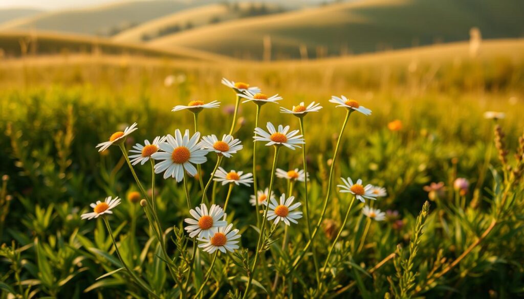 A vibrant, detailed image of a chamomile plant in a natural setting. In the foreground, delicate white chamomile flowers with golden centers bloom atop slender green stems. The middle ground shows lush, verdant foliage surrounding the flowers, with hints of other herbs and wildflowers peeking through. In the background, a soft, hazy landscape of rolling hills or a meadow, bathed in warm, golden afternoon light. The overall scene conveys a sense of tranquility, serenity, and the soothing, restorative power of nature.