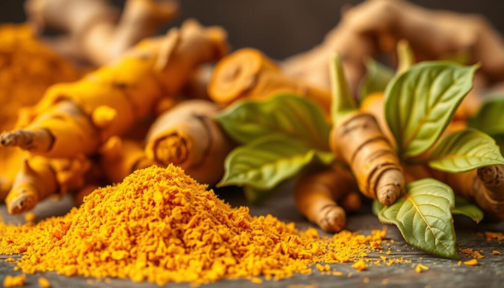 A vibrant still life featuring an array of turmeric roots, leaves, and powder, shot with natural lighting and a shallow depth of field. In the foreground, a pile of freshly grated turmeric forms a golden mound, its warm hues complemented by the rich, earthy tones of the unpeeled roots. In the middle ground, delicate turmeric leaves unfurl, their veined textures and verdant green tones adding depth and contrast. The background is softly blurred, allowing the viewer to focus on the wellness-promoting properties of this ancient spice. The composition evokes a sense of health, vitality, and the restorative power of nature's bounty.