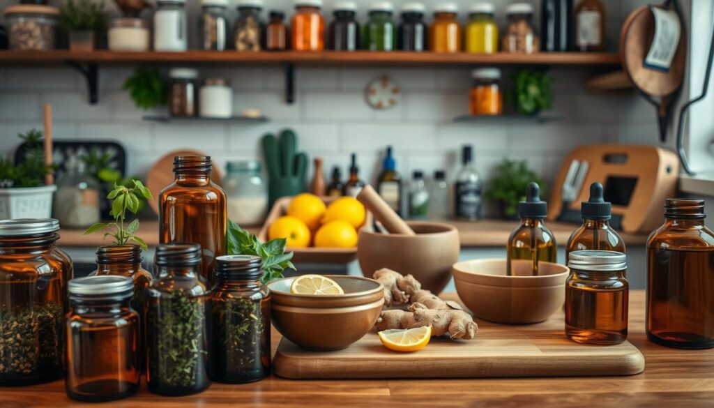 A warm, well-lit kitchen counter filled with a variety of natural ingredients, including jars of herbs, spices, and essential oils. In the foreground, various amber glass bottles and ceramic bowls neatly arranged, conveying a sense of organization and care. The middle ground features a wooden cutting board with sliced lemons, fresh ginger, and a mortar and pestle. In the background, shelves hold additional jars and bottles, creating a harmonious and inviting natural remedy storage scene. The overall mood is one of tranquility, wellness, and the intentional use of household items for holistic health.