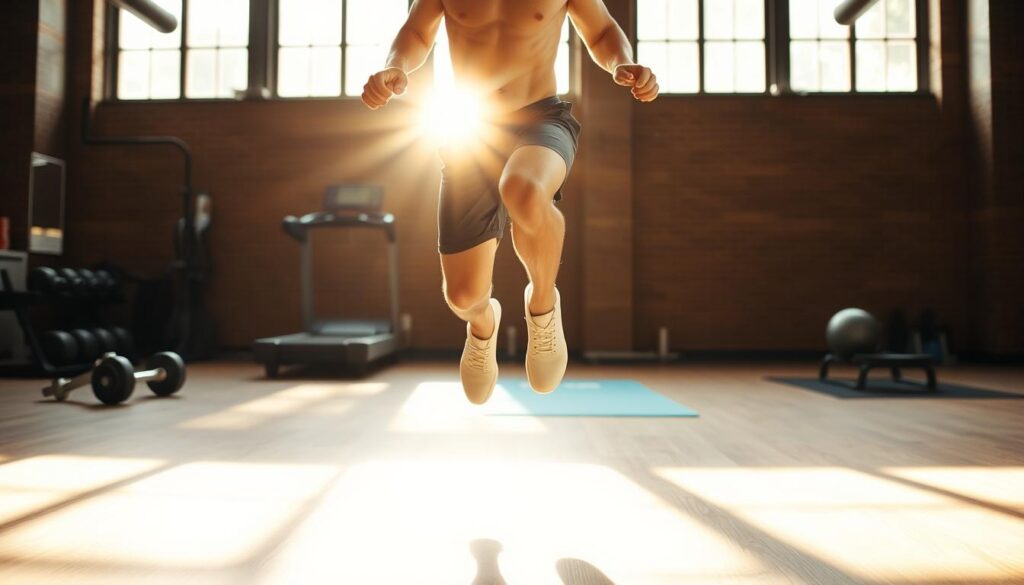 A well-lit indoor gym setting, with a person doing jumping jacks in the foreground. Their body is glowing with a healthy sweat, muscles engaged as they move with purpose. The background features exercise equipment like dumbbells, a treadmill, and a yoga mat, all bathed in warm, natural lighting that filters in through large windows. The overall atmosphere conveys a sense of vitality, wellness, and the cleansing power of physical activity.