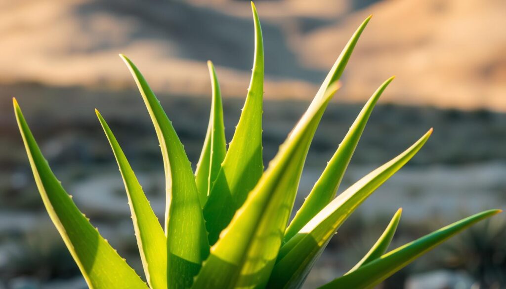 Aloe vera plant with thick, fleshy leaves in a natural setting. Warm, soft lighting illuminates the plant, casting gentle shadows. The leaves are a vibrant green, with delicate white patterns and a succulent, healthy appearance. In the background, a blurred, serene landscape with muted colors and textures, creating a calming, peaceful atmosphere. The composition emphasizes the natural healing properties of the aloe vera, inviting the viewer to experience its soothing, restorative qualities. Captured with a wide-angle lens, the image has a natural, organic feel that showcases the plant's inherent beauty and therapeutic potential.