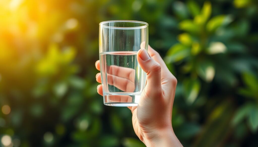 Detailed close-up image of a person's hand holding a glass of clear, pure water against a blurred natural background of lush green foliage. The lighting is warm and gentle, creating a soothing, calming atmosphere. The person's face is not visible, but their hand is depicted in a thoughtful, meditative pose, symbolizing the introspective nature of intermittent fasting and natural detoxification. The overall composition conveys a sense of tranquility, balance, and the rejuvenating power of the body's own natural cleansing processes.